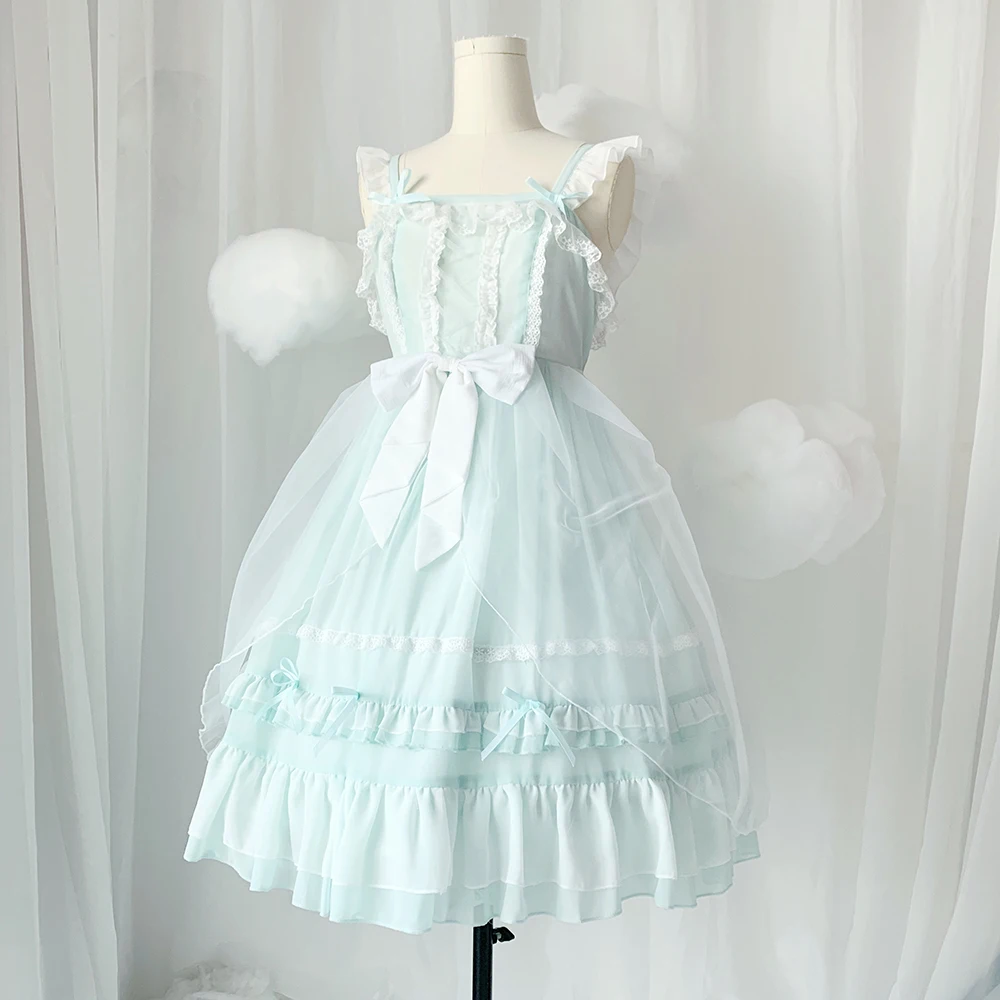 Sommer süße prinzessin lolita strap kleid vintage falbala hohe taille druck viktorianischen kleid kawaii mädchen gothic lolita cos loli