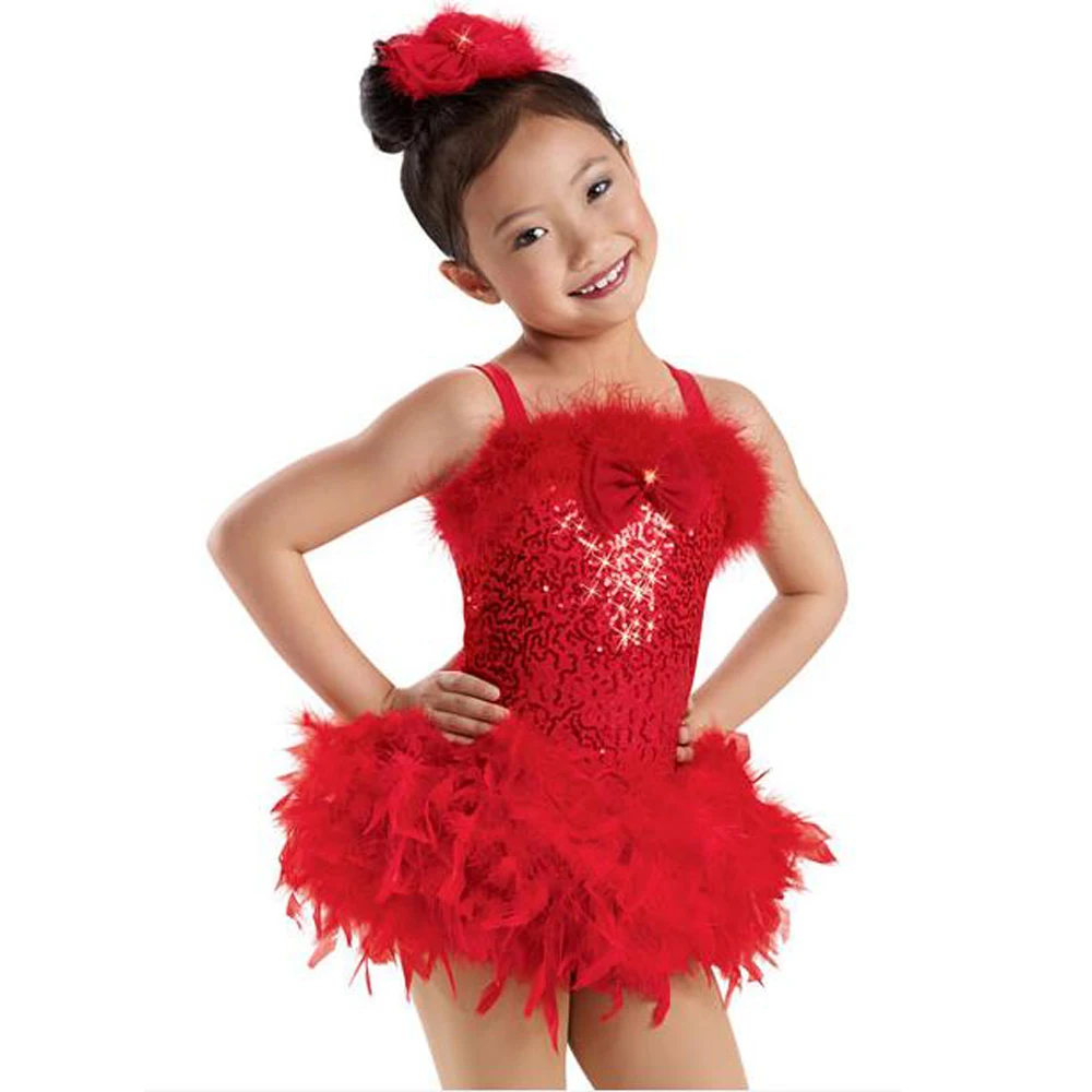 Sequin Feather Boa Drop Waist Tutu Dress Ballroom Dance Costumes for Girls