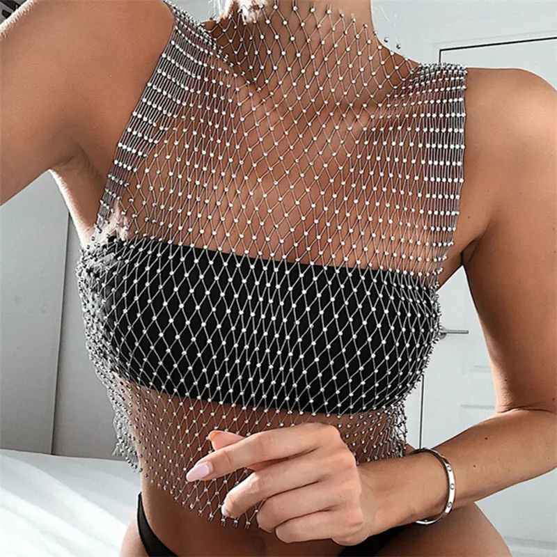 

Crystal Rhinestone Fishnet Crop Top Women Sexy Mesh Hollow Out See Through Tank Top Beach Festival Rave Party Clubwear Camis Tee