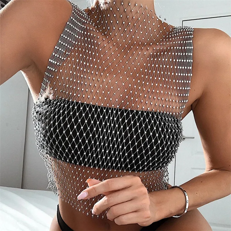 Crystal Rhinestone Fishnet Crop Top Women Sexy Mesh Hollow Out See Through Tank Top Beach Festival Rave Party Clubwear Camis Tee