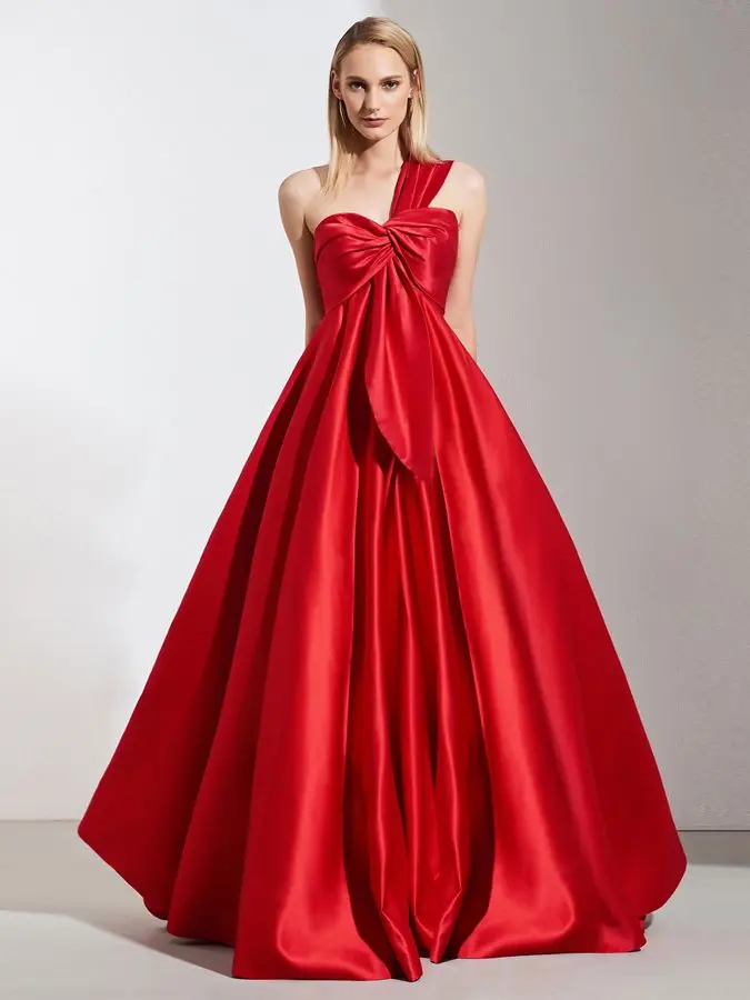 2025 elegante A-Line plisado un hombro satén vestido de noche rojo con lazo hasta el suelo vestidos formales de graduación vestidos de fiesta