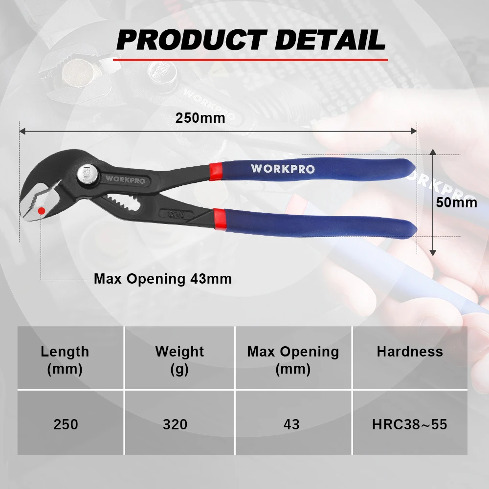 WORKPRO 10 Inch Water Pump Plier CR-V Steel Quick Adjustment Push Button Plumbing Plier With Non-Slip Comfort Handle