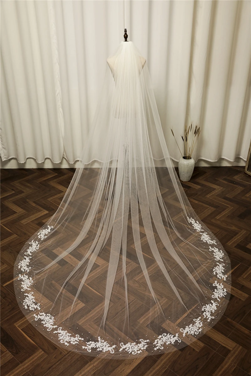 มาใหม่ 3M สีขาวงาช้าง Wedding Veils Lace Pearl Veil อุปกรณ์จัดงานแต่งงานเจ้าสาว Velos de novia Boda ผ้าคลุมหน้าเจ้าสาว