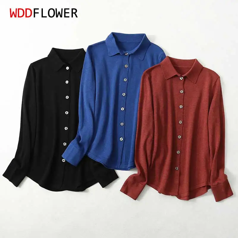 Women 63.9% Silk 10.2% Cashmere Turn Down Collar Everyday Long Sleeve buttons down Cardigan Sweater Top Shirt LY025