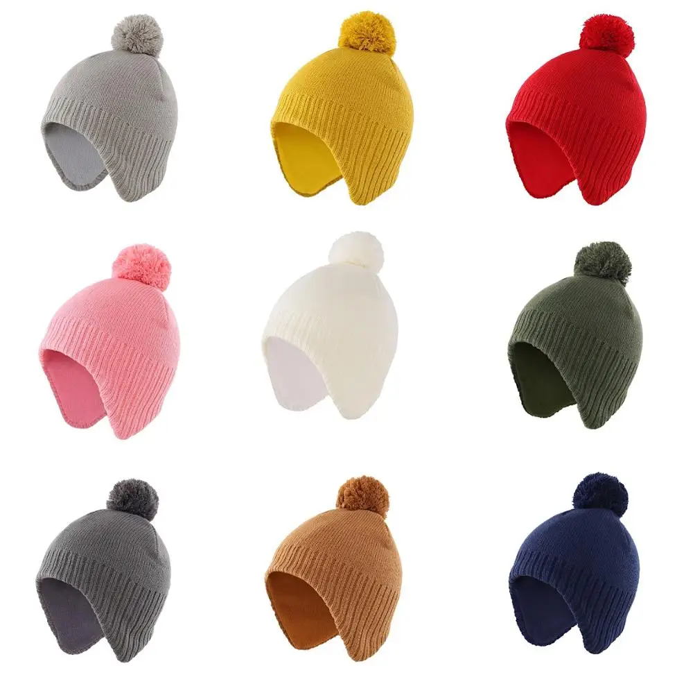 Connectyle Boys Girls New Fashion Solid Color Winter Warm Hat Fleeced Lined Earflap Kids Beanie Hat With Pom-Pom