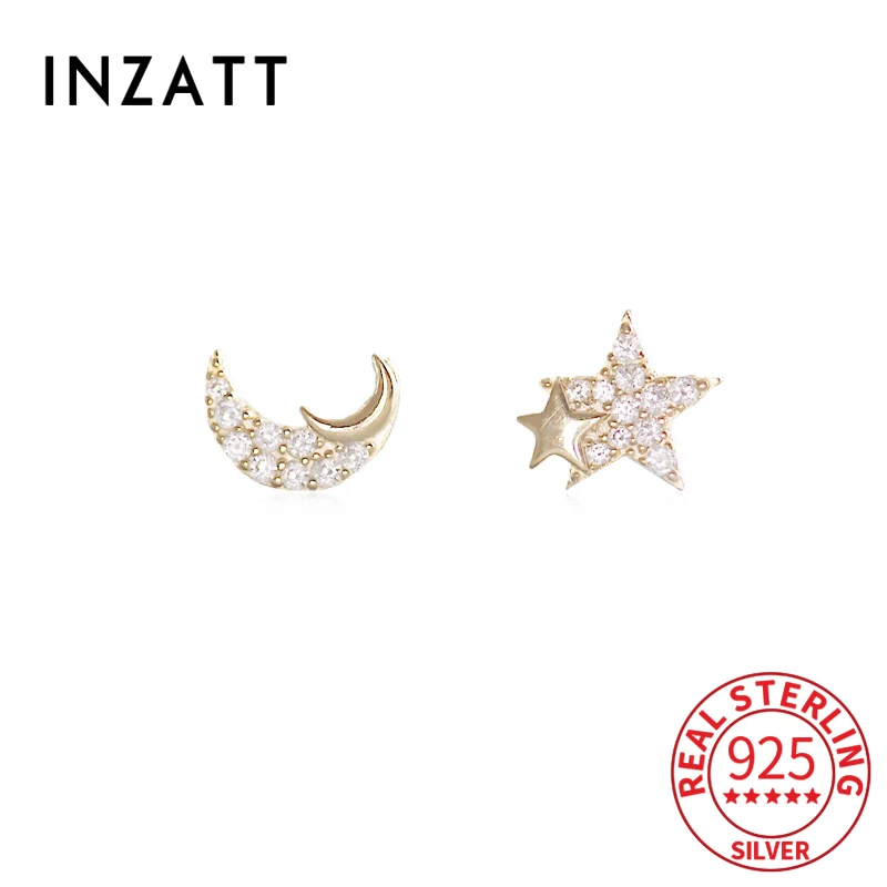 INZATT Real 925 Sterling Silver Zircon Moon Star 14K Gold Asymmetry Stud Earrings For Women Cute Fine Jewelry Drop Shipping Gift