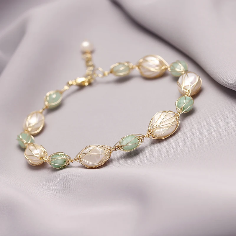 Original Handmade 14K Gold Filled Baroque Natural Freshwater Pearl Jade Lady Bracelet Jewelry For Women Promotion Gift