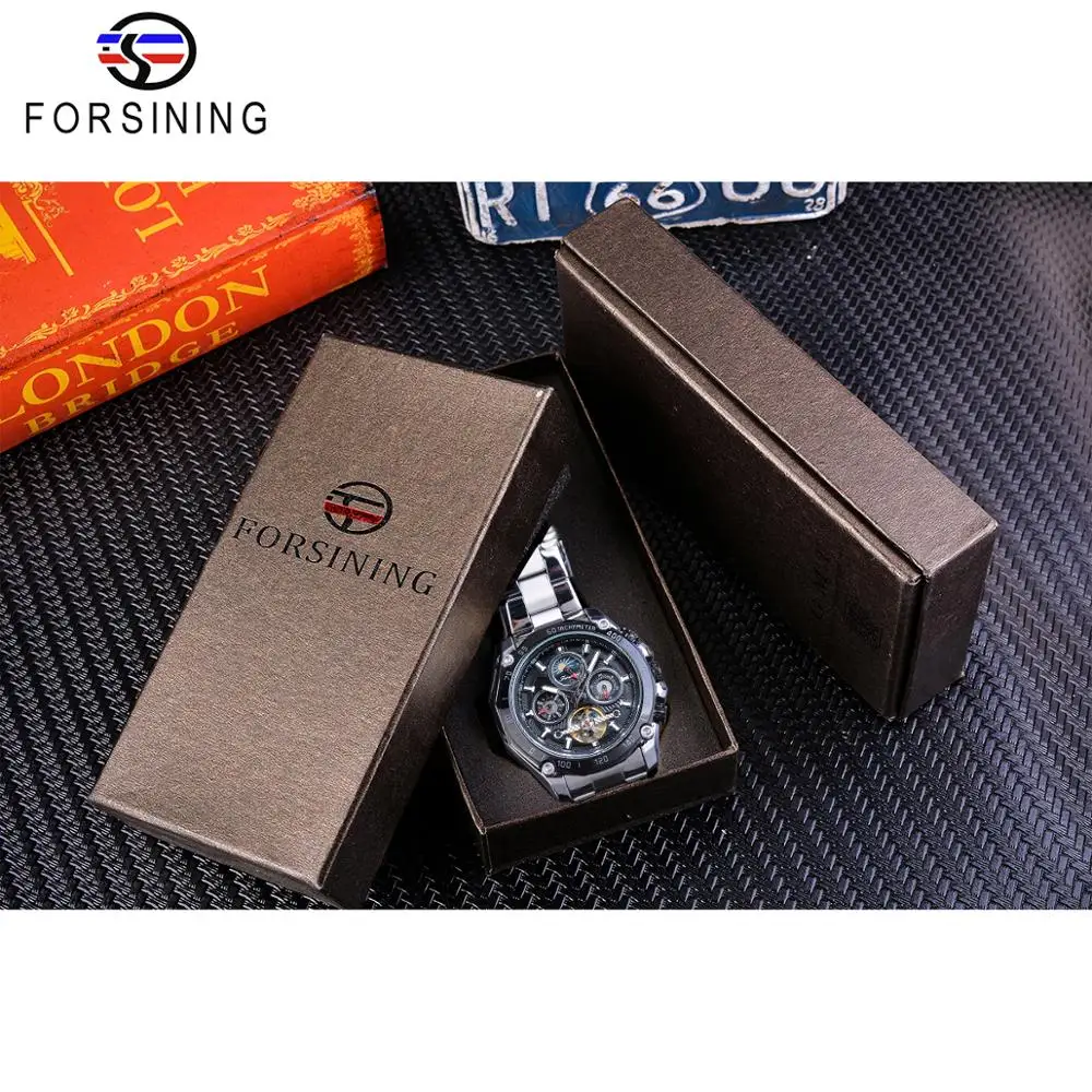 Forsining Brand Black Male Mechanical Watches Automatic Multifunction Tourbillon Moon Phase Date Racing Sport Steel Band Relogio