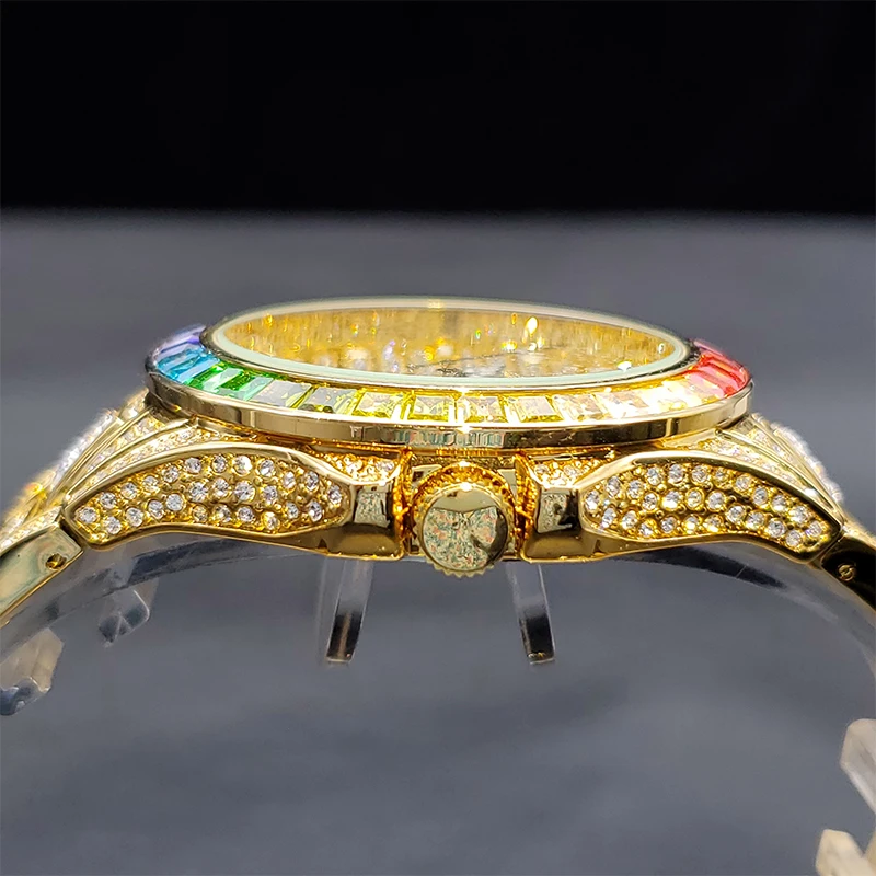 Relógio MISSFOX Iced Out Golden Watches For Men Rainbow Diamond Hip Hop Fashion Luxury Men\'s Automatic Calendar Watch Gift