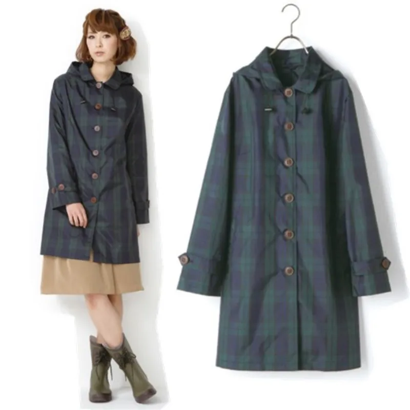 Thin Breathable Cute Long Raincoat Women Fashion Rain Cover Poncho Autumn And Winter Plaid Trench Coat