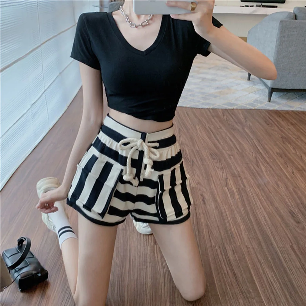 Striped Casual Shorts for Women 2022 New Summer Elastic Waist Loose Wide Leg Track Sweatpants Girls Students Short Femme