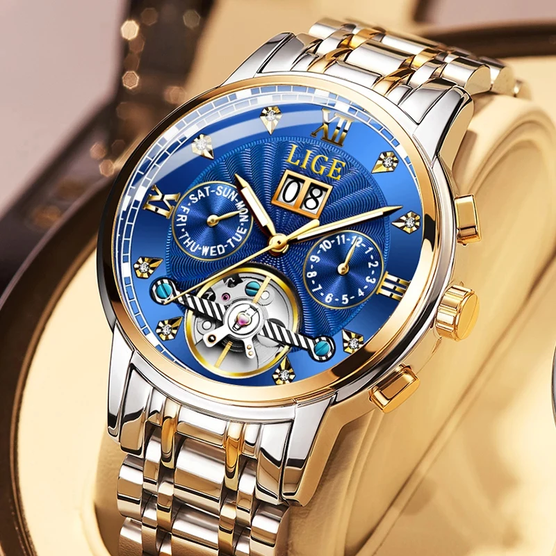 

LIGE Top Brand Luxury Watch For Men's Mechanical Automatic Hollow Watch Large Dial Waterproof Luminous 2021 Men's Fashion Watch