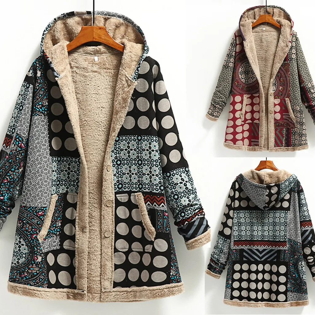 Winter Women\'s Hooded Coat Pocket Cashmere Thick Patchwork Female Jacket Retro Long Sleeve Loose Cotton Linen Printed Lady Coat