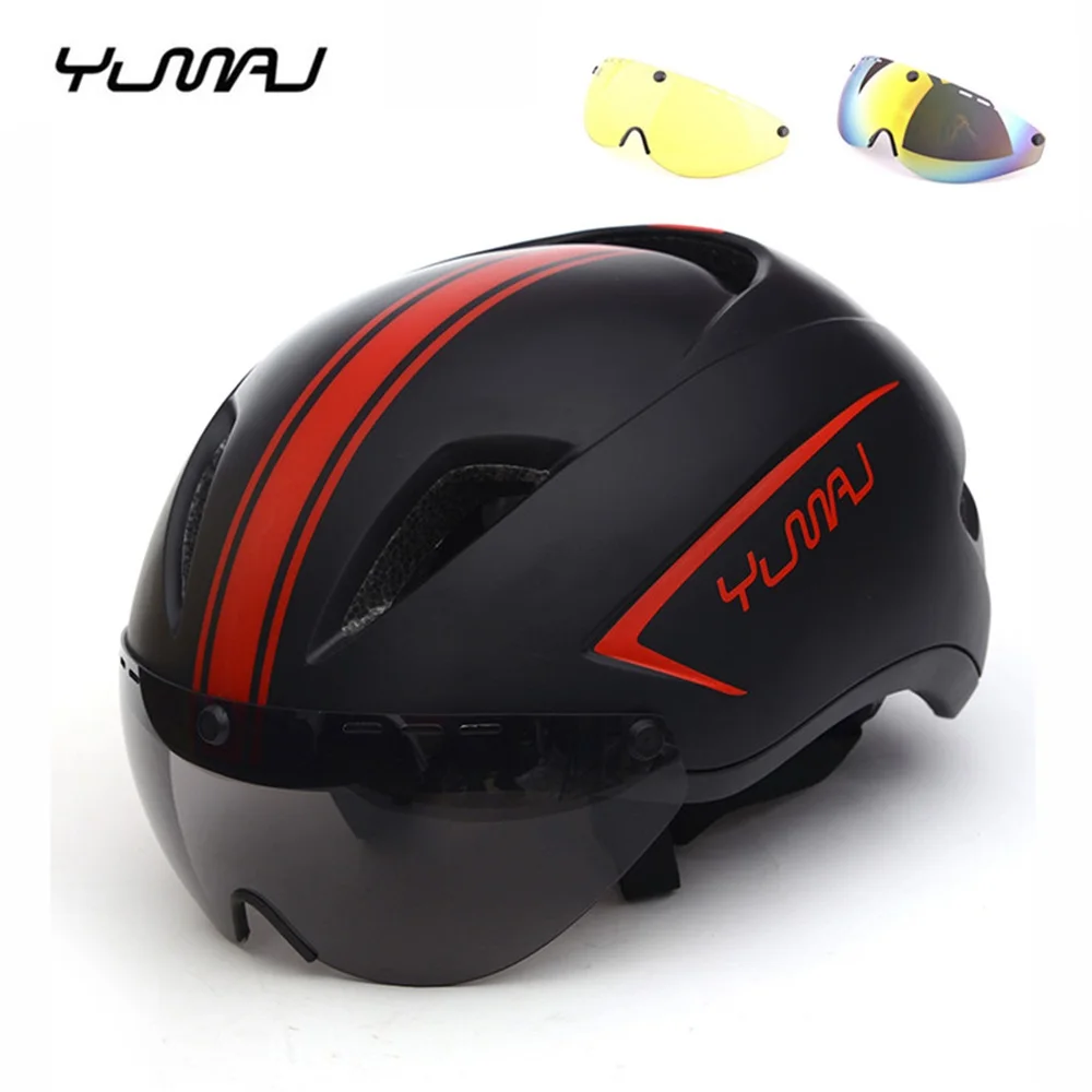 3 lens New Aero TT Road Bicycle Helmet Magnetic Goggle Racing Cycling Bike Sports Safety Helmet TT Timed Road Bike Helmet Lens