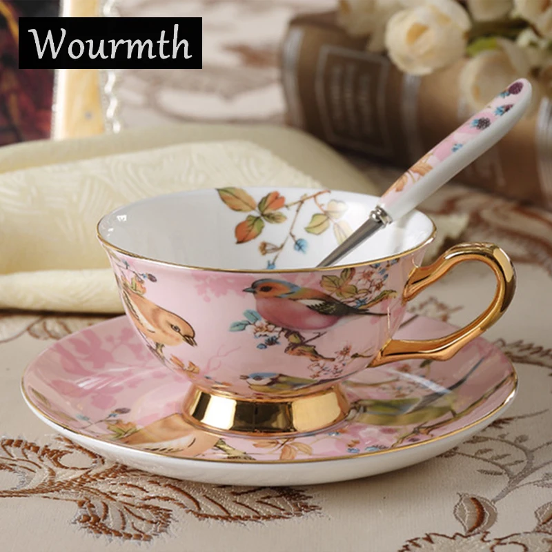 Wourmth European Bone China Coffee Cup Set Pink Bird Creative Ceramic Phnom Penh Afternoon Tea Cup & Saucer With Spoon Nice Gift