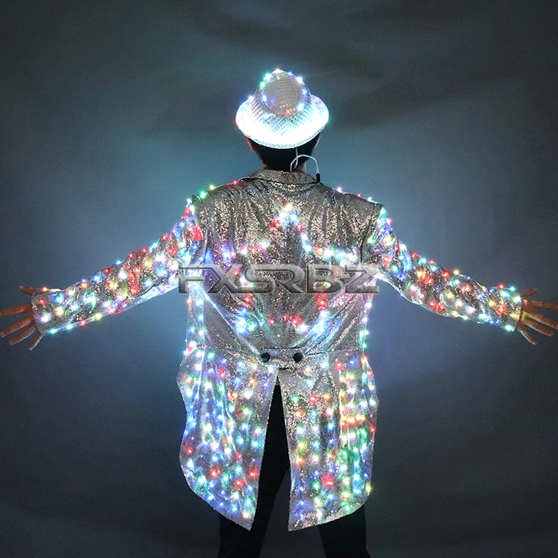 New Fashion Colorful Swallowtail LED Tuxedo magician Party Host Luminous Costumes Glowing Clothes LED Clothing Show