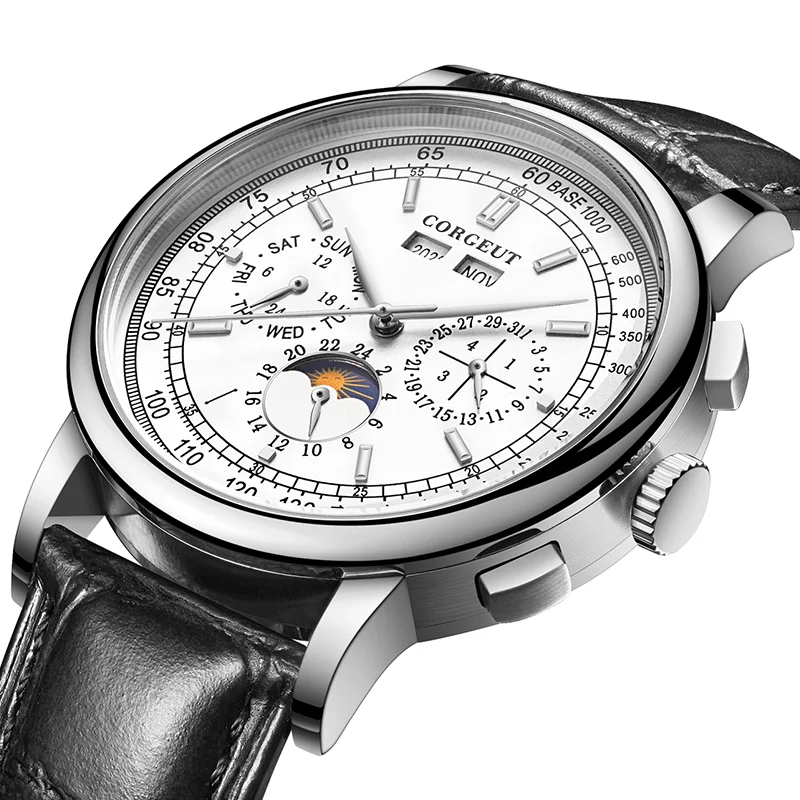 Top Brand 42mm CORGEUT Mechanical wristwatches moon Phase White Dial Silver Year Day Month Week 316L SS Case Automatic Watch men