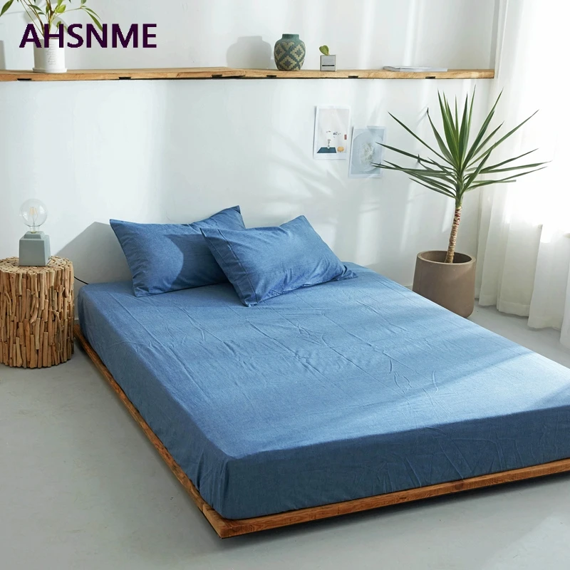 AHSNME Sea blue 100% Cotton sheets Super Soft parure de lit Cool Summer Simple Water Fitted Sheet 100/120/135/150/200/180/200cm