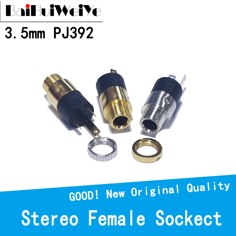 10PCS/LOT PJ392 3.5MM Stereo Female Sockect Jack with Screw 3.5 Audio Headphone Connector PJ-392 Cylindrical Socket SILVERGolden