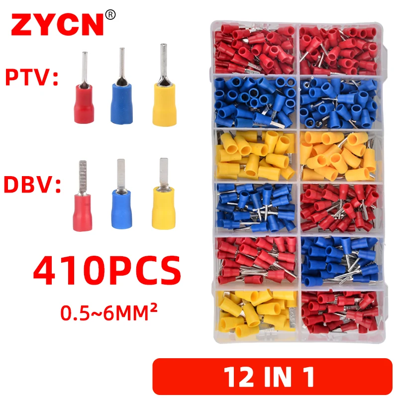 

410PCS Assorted Crimp Pre-Insulated Terminal Spade DBV+PTV 0.5-6MM² 10-22AWG Cold-Pressed Pin Cable Electrical Connector