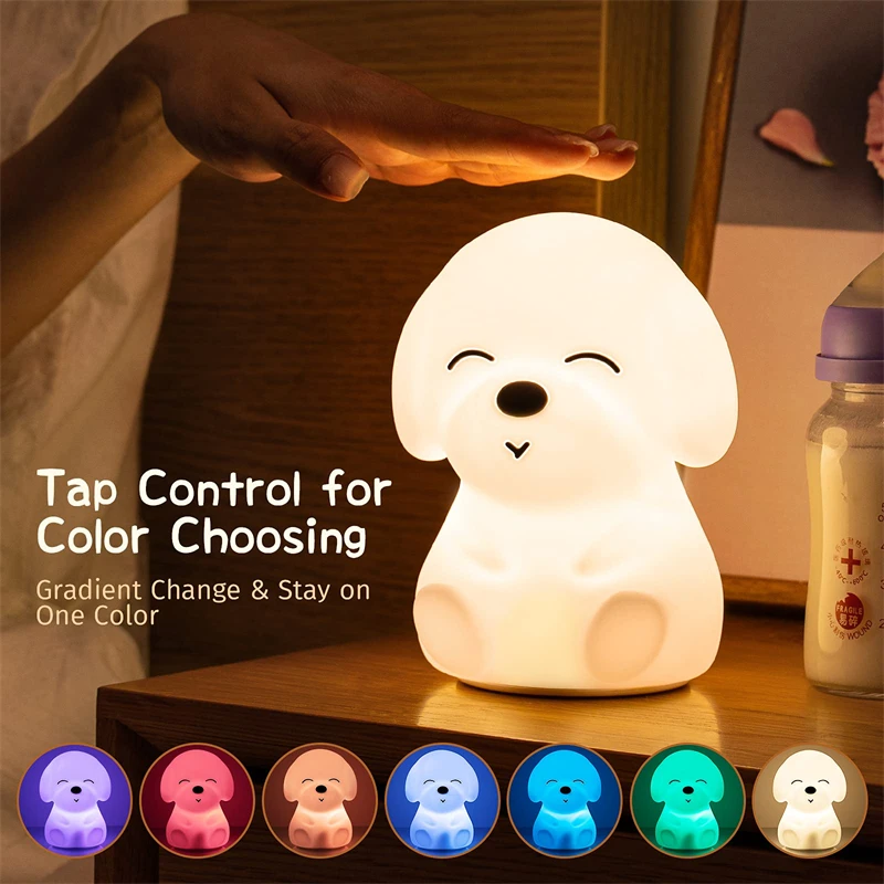 LED Night Light Remote Control Dog Touch Sensor 16 Colors Dimmable USB Rechargeable Silicone Puppy Lamp for Children Baby Gift