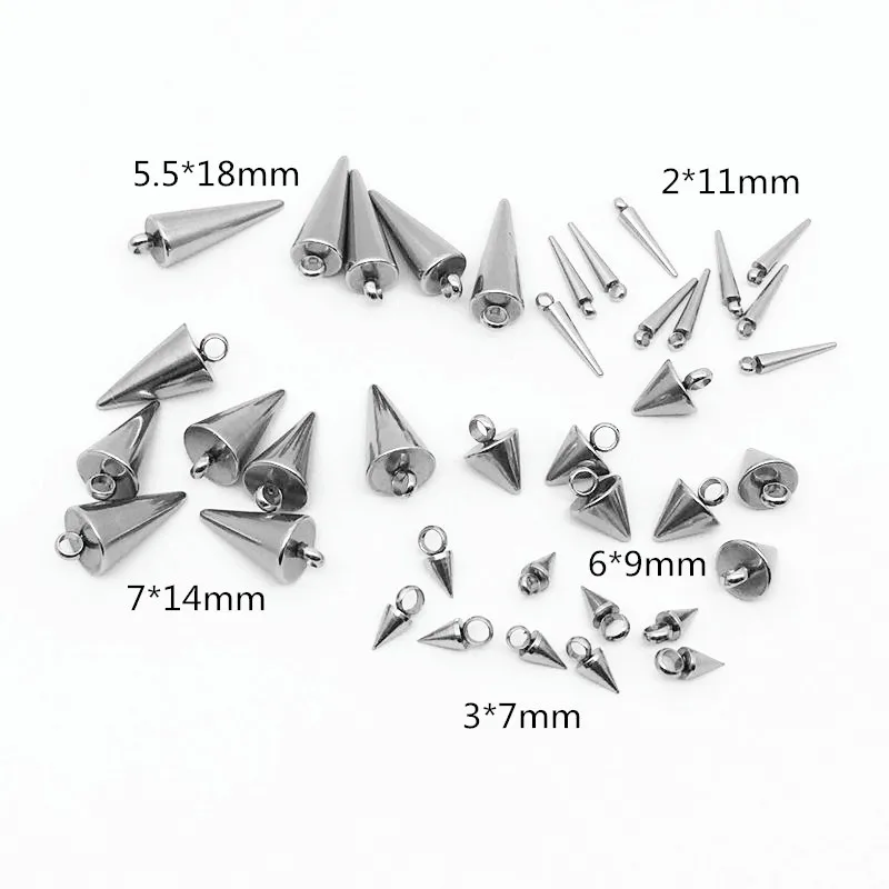 20pcs/lot Stainless steel Hypoallergenic Cone Shape Solid Charm 3 x6 6x9mm 7x13mm 5.5x18mm for DIY Necklace Jewelry Making Craft