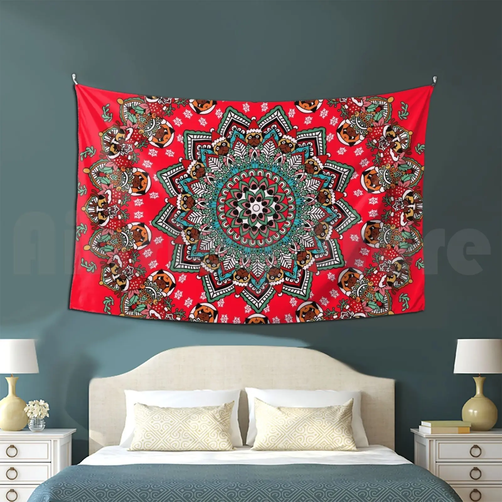 Mandala Christmas Pug Tapestry Background Wall Hanging Sparkling Beautifully Home Christmas Presents Good Vibe