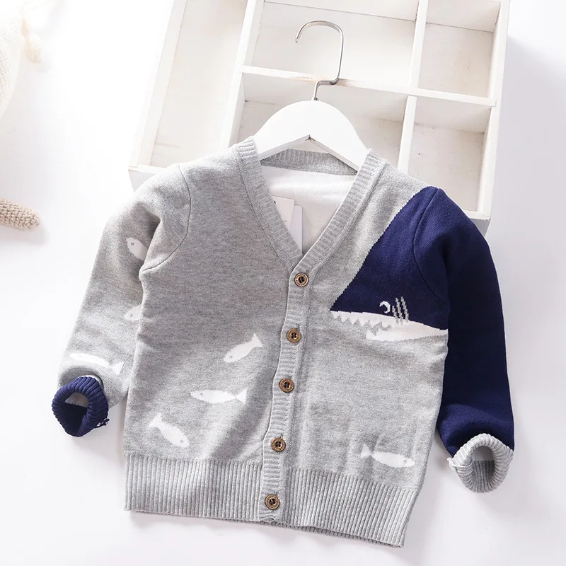 Baby Boys Sweater Cardigan Coat 2023 Autumn Winter Children\'s Sweaters Kids Knit Clothes Cartoon Whale V-Neck Toddler Sweaters