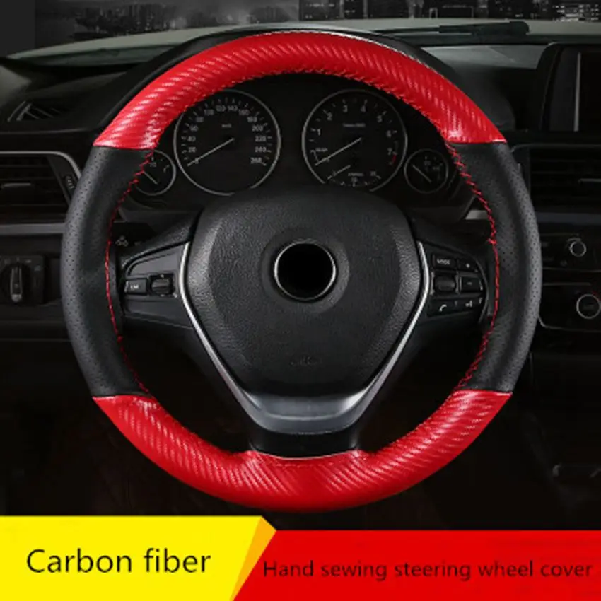 

Hand-stitched 38CM Car Steering Cover Microfiber Leather Carbon Fiber Non-slip Universal Car Steering Wheel Cover