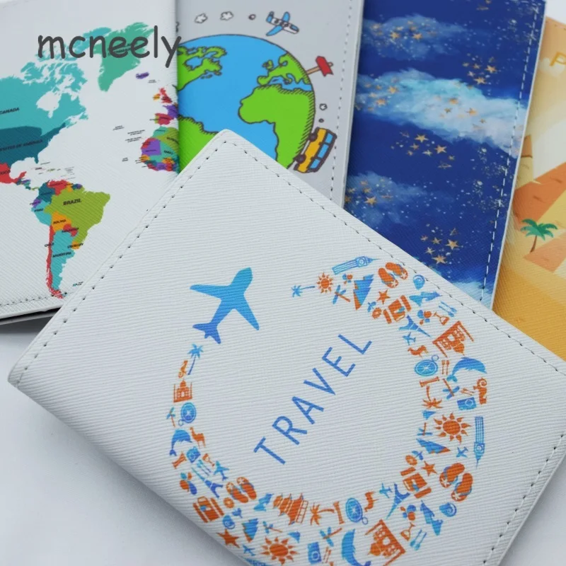 Travel Around The World Series Passport Cover Leather Bank Credit Card Case Ticket Folder Men and Women Passport  Holder 1PC