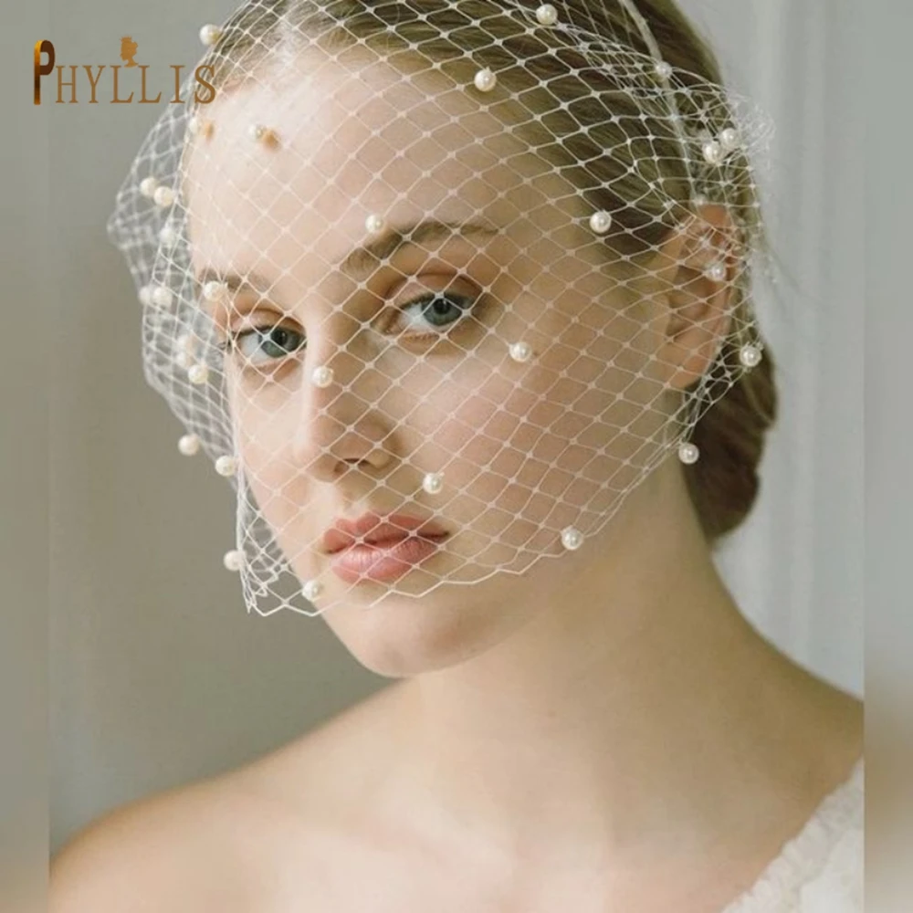 JM20 สีขาวมุกงานแต่งงาน Birdcage Veil แถบคาดศีรษะ Face หน้ากากสุทธิ Veils Charming Fascinator Blusher Veil Tulle CAGE Veils