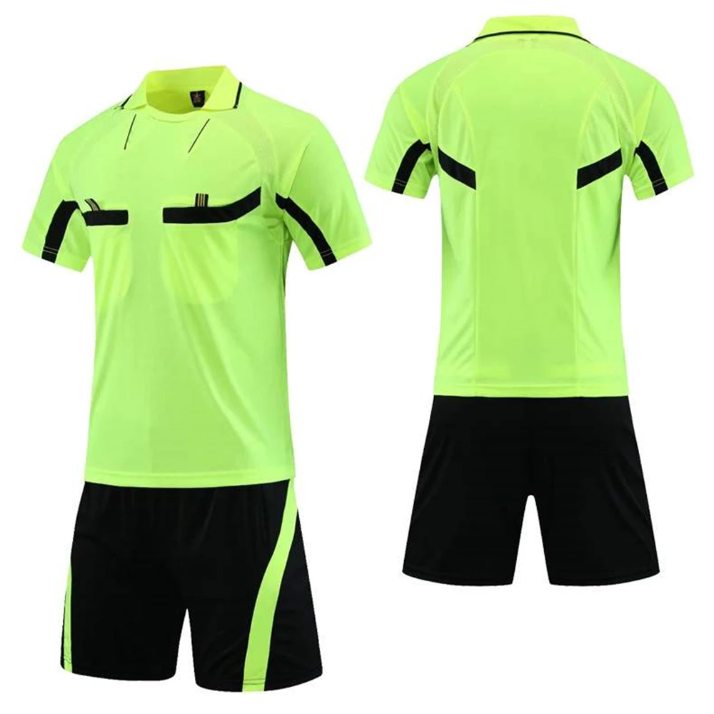 Professional Soccer Referee Uniform Men Turn-down Collar Football Referee Clothes Short Sleeve Judge Shirt Three Pockets Shorts