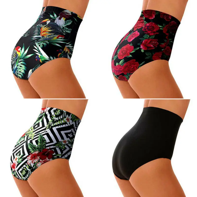 Womens Sexy Vintage High Waist Bikini Bottoms Swimwear Shorts Briefs Ladies Beachwear Bathing Beach Shorts Stretch Pants