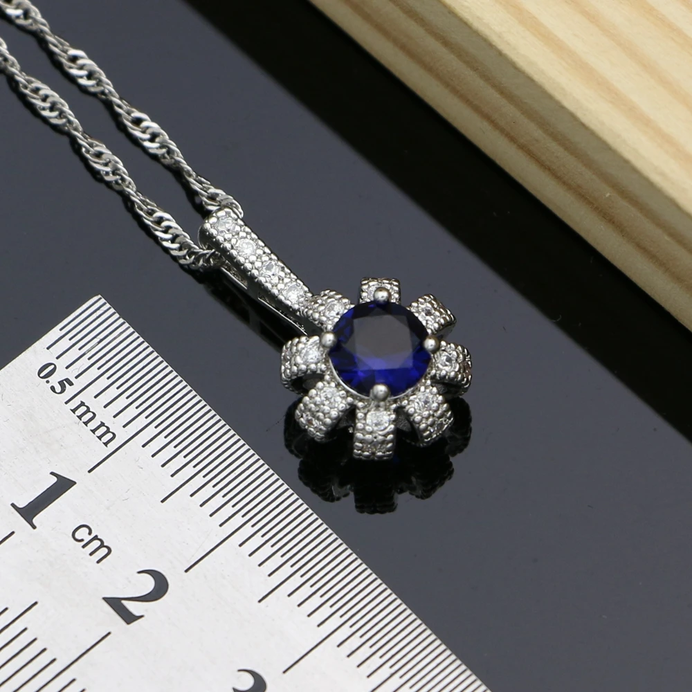 Blue Cubic Zirconia 925 Sterling Silver Bridal Jewelry Sets Docoration Women Wedding Earrings Rings Dropshipping Necklace Set