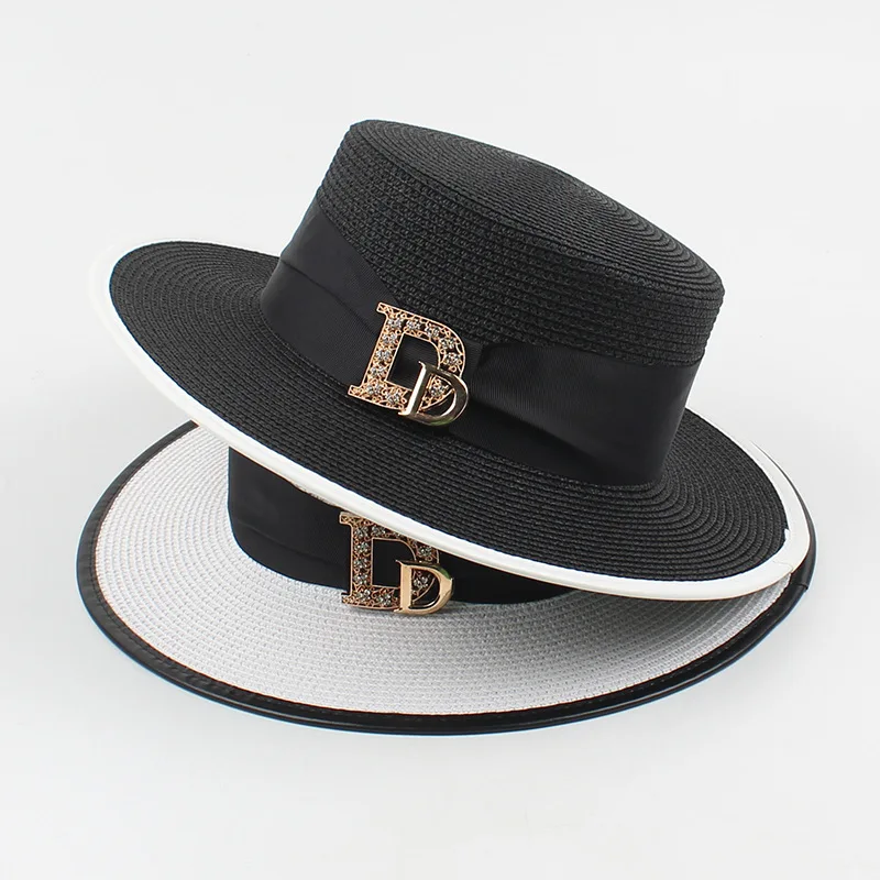 Panama Fashion Ladies Elegant Raffia Straw Hat Rhinestone Letters Vacation Travel High Quality Ladies Summer Topper Banquet Hat