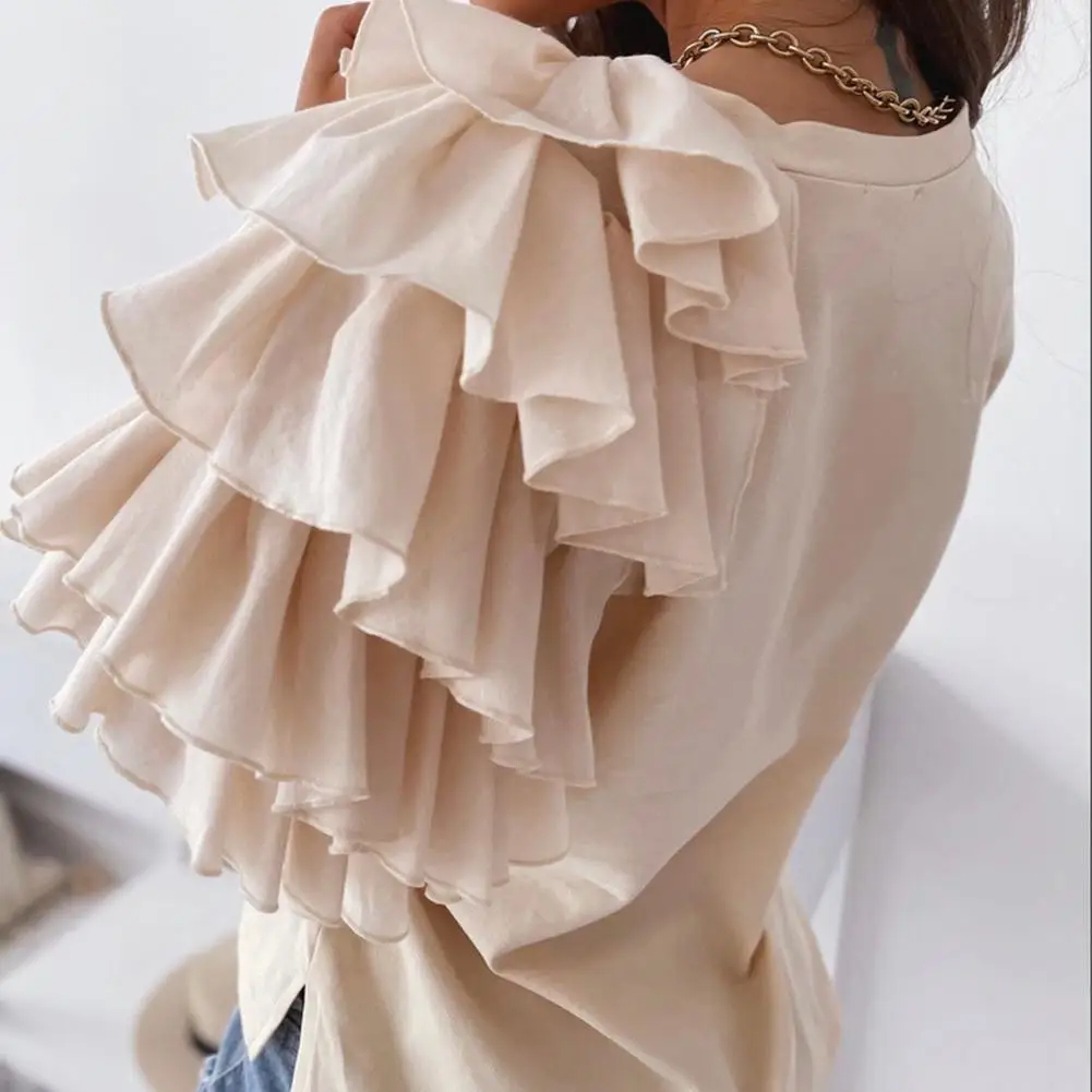 Fashion Women Blouse Elegant Fashion Solid Color Layered Ruffle Short Sleeve Asymmetric Loose Top Summer Blouses 2021