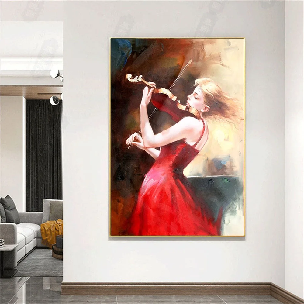 High-quality hand-painted oil painting girl playing the violin modern mural home decoration painting living room corridor aisle