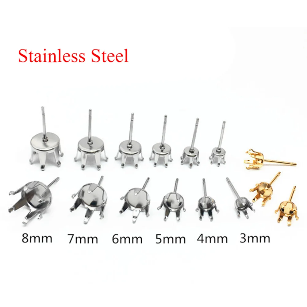 20pcs Stainless SteelBlank Studs Earring Claw Ear Post Pins 3mm-8mm Cup Base Earring Setting DIY Jewelry Making Findings