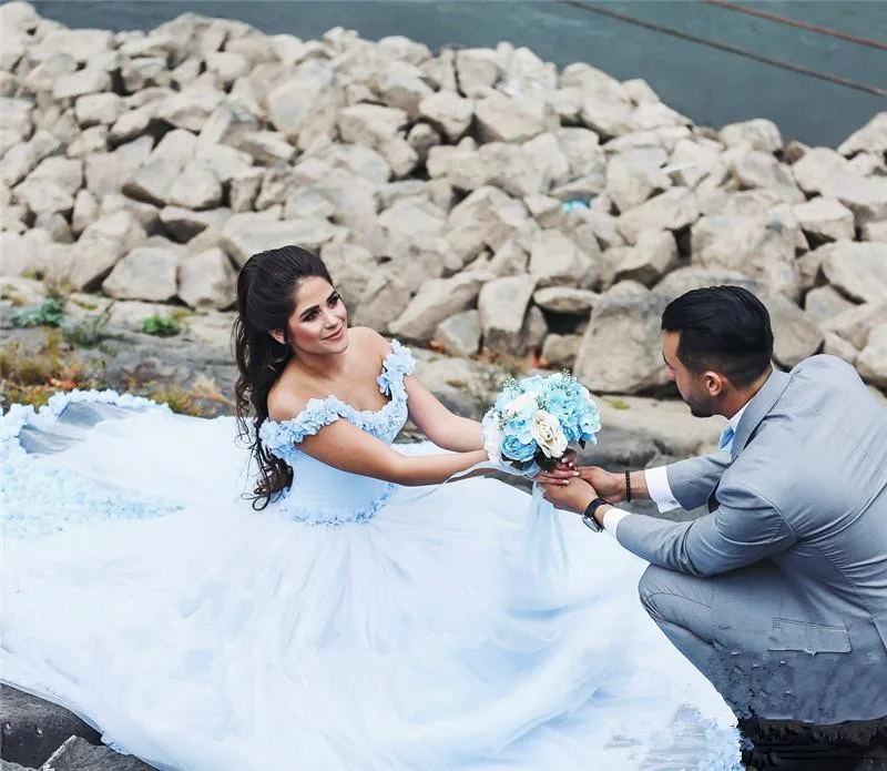 Azul vestido de baile vestidos de casamento 2020 querida feito à mão 3d flores frisado vestido de noiva vestido de casamento plus size