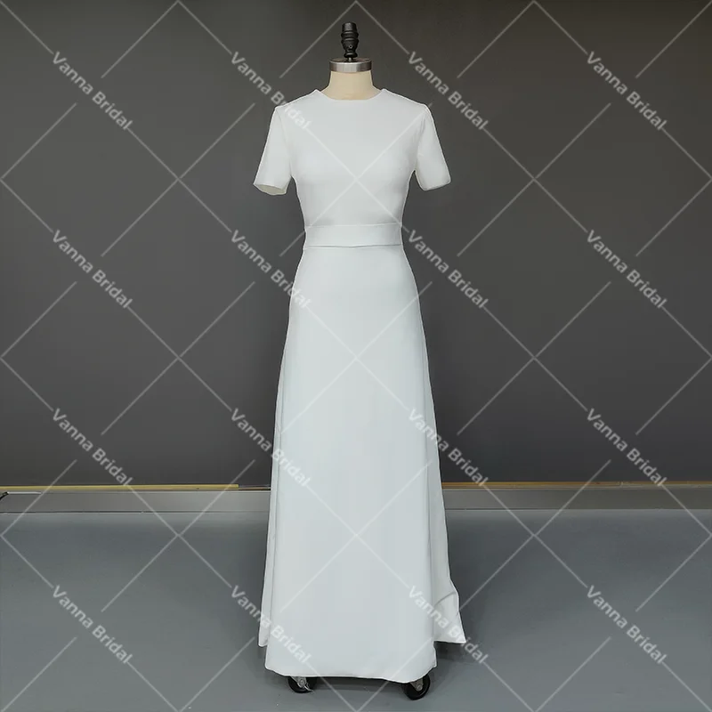 Rundhals Satin Minimalistischen Hochzeit Kleid Mantel Schmeichelhaft Keyhole Zurück Kurzen Ärmeln Nach Maß Plus Größe Einfache Brautkleid