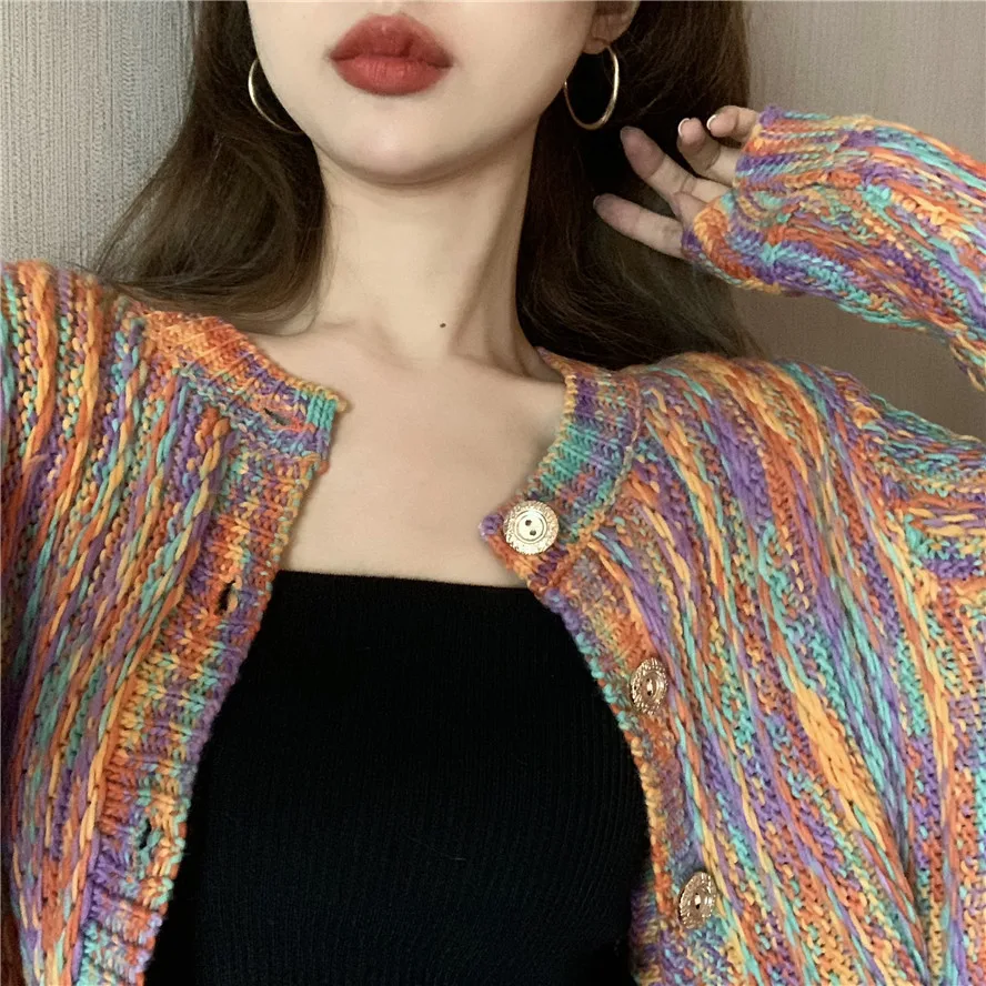 Rainbow Cardigan 2020 Autumn Winter Vintage Contrasting Color Knit Female Tops Loose O neck Long Sleeved Knitted Cardigans Mujer