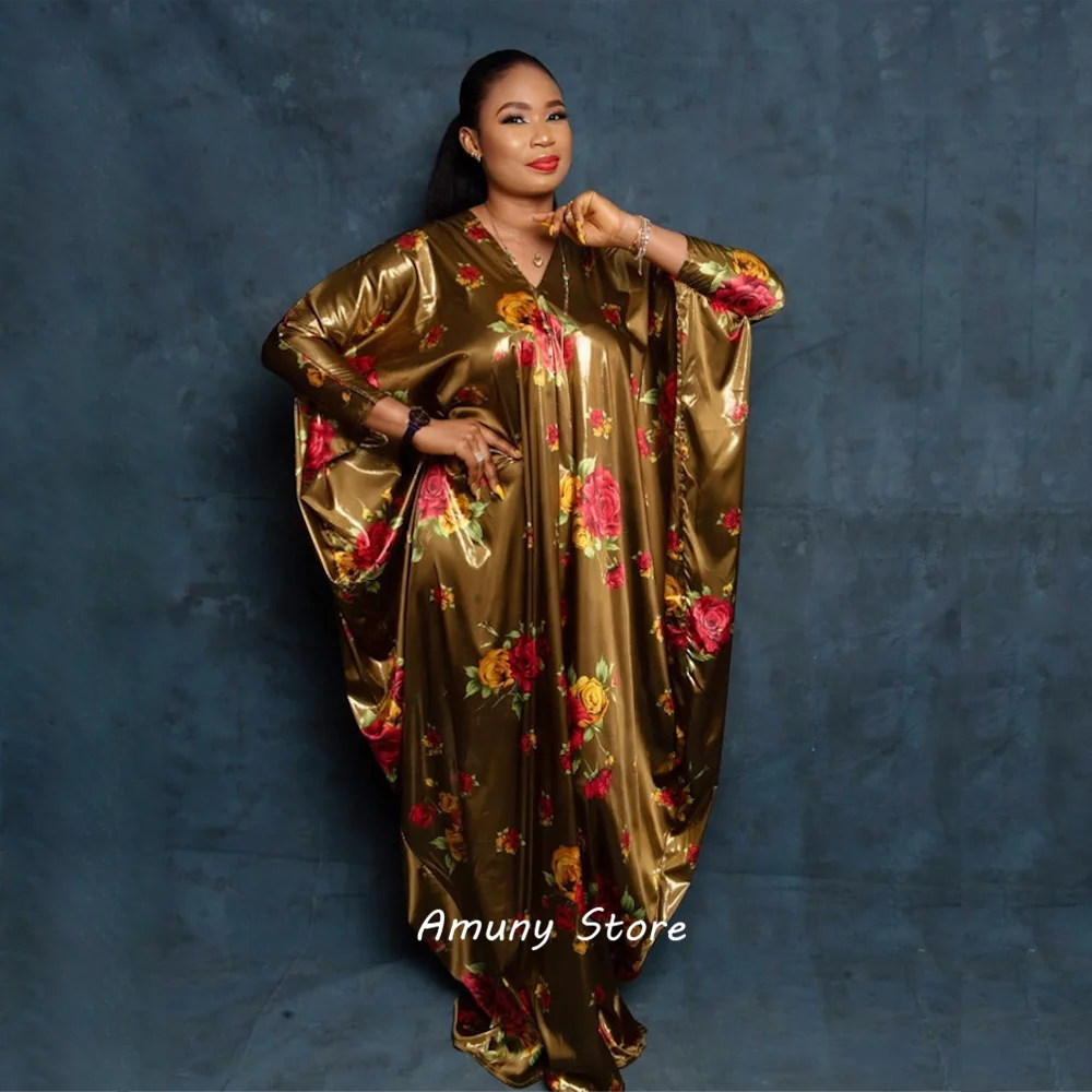 African Woman Dress Big Baggy Type Elastic Fabric Rayon Digital Printing V-neck Robe