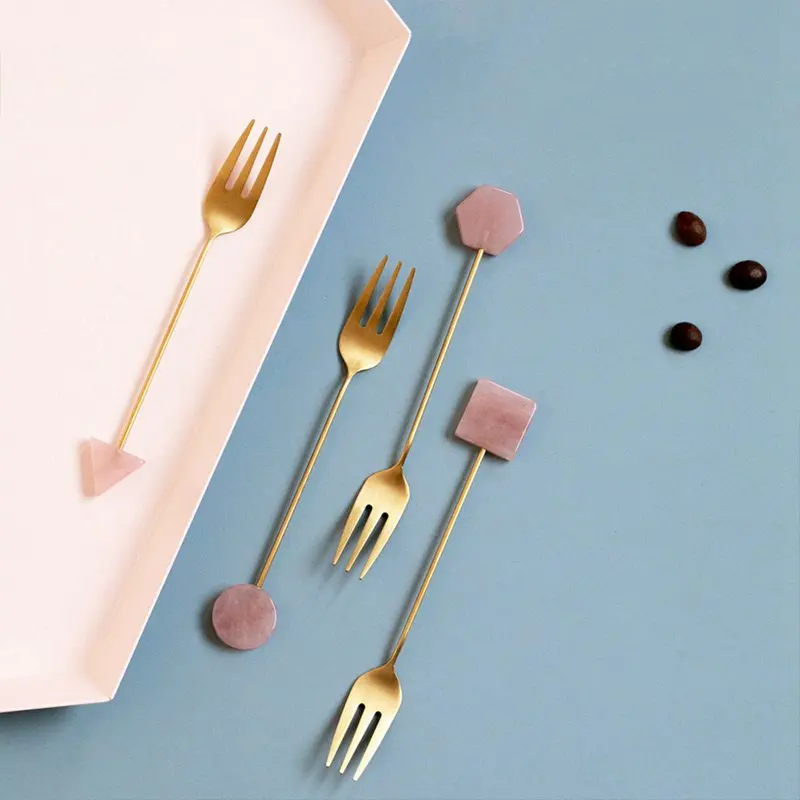 Light Luxury Gold-Plated Fruit Fork Acrylic Geometric Decor Creative Stainless Steel Dessert Fork Exquisite Tableware Hot Sell