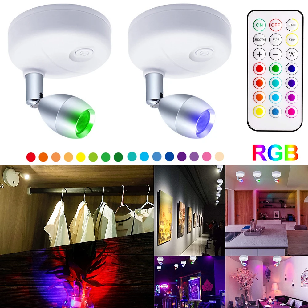 Battery Operated RGB LED Spotlights Timer Dimmable Ceiling Down Lights Wireless Night Light Stick on Wall Spot Light Indoor Lamp