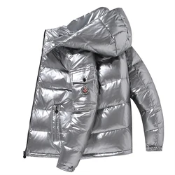 (M-3XL) Men's Bright Overcoat Overwear White Eiderdown Down Jacket Winter Youth Thick Hood Korean Style Red Silver Black Clothes