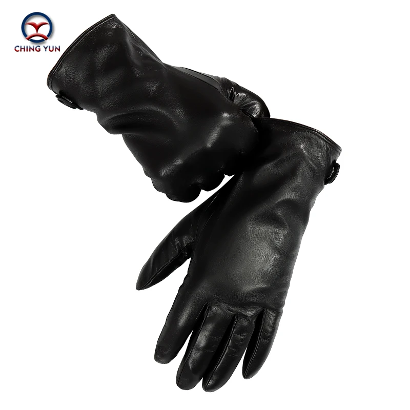 CHINGYUN Winter man Sheep skin leather gloves male 70% wool knitted lining warm soft men's Arm sleeve black men leather mittens