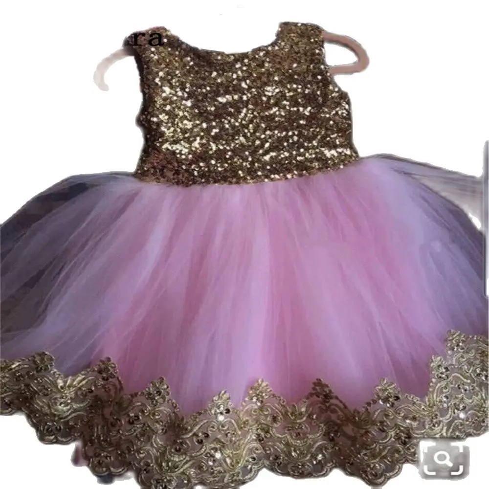 

New Gold Sequins Pink Tulle Little Girls Birthday Party Dress with big Bow Princess Pageant Dress Kids Clothes for Ceremony