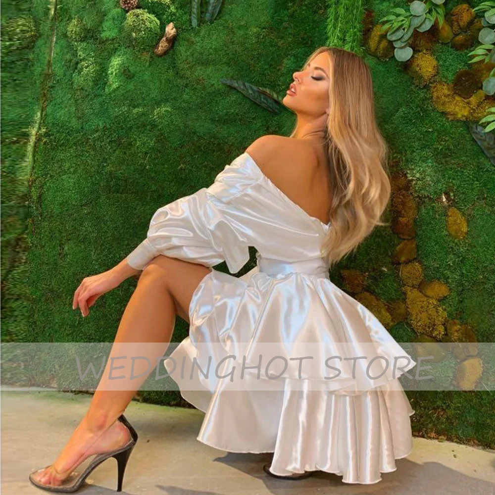 Sexy Satin Evening Dresses 2023 Women White V-Neck Prom Dress Long Sleeve Student Graduation A-Line Party Gowns robes de soirée