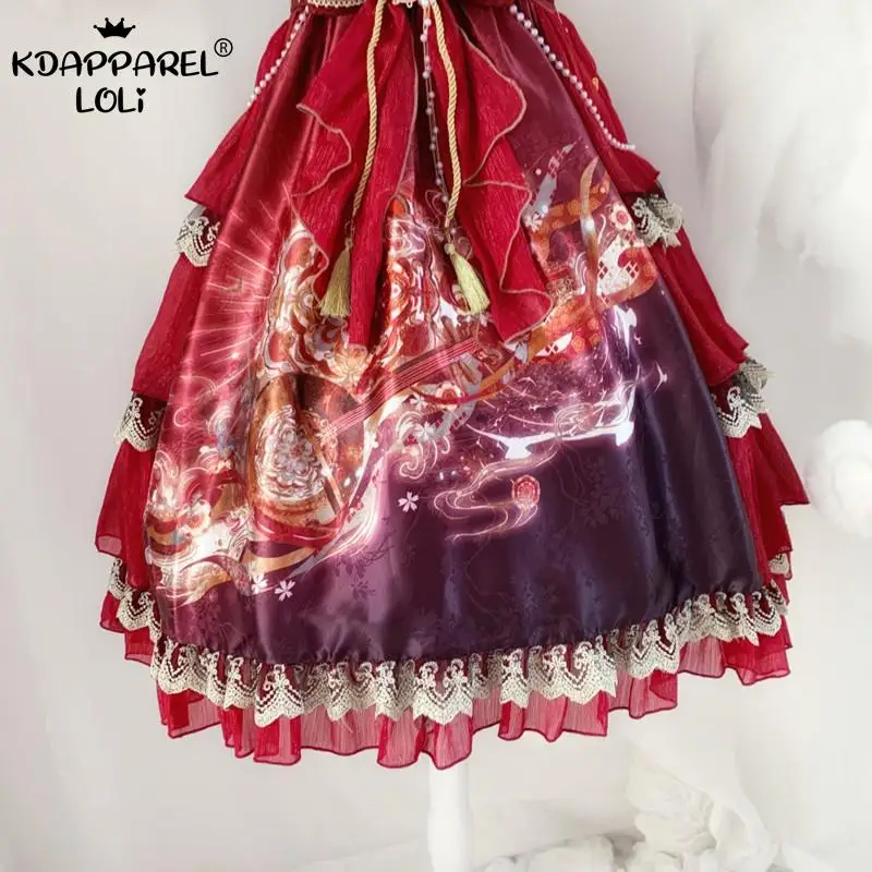 Robe Lolita OP à Manches Courtes pour Femme, PoinTenue en Dentelle, à Volants, Vintage, Style Chinois, Imprimé Pipa, pour ixd'Anniversaire, d'Été