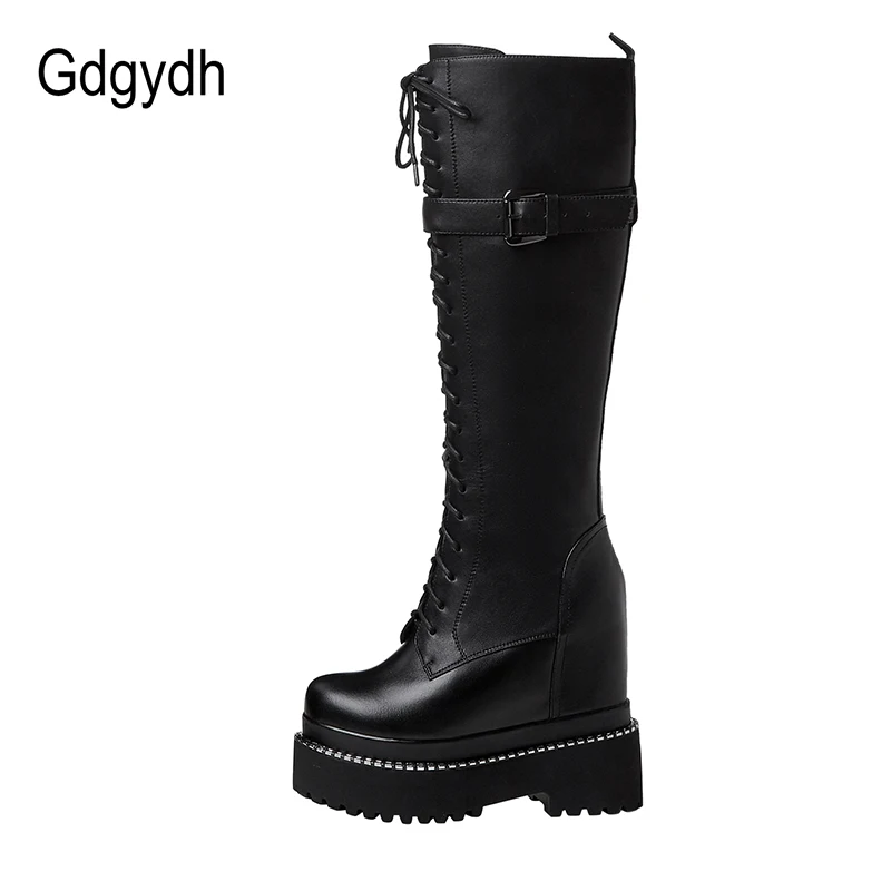 Gdgydh Fashion Lace-up Knee High Platform Boots Goth Black Metal Decoration Women Boots With Zipper Wedges Heel Drop Shipping